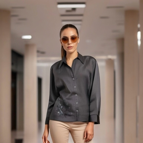 Lino USA Tops - Women’s Shirt LINO USA Black Blouse 3/4 Sleeve Shirt Beads Embroidered Linen Top